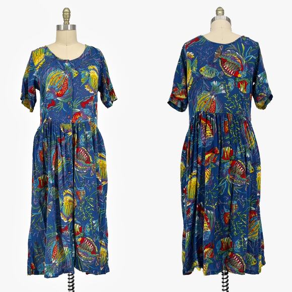 Vtg 70s Adini Tropical Fish Print Gauze Midi Button-Up Dress size Medium - Picture 2 of 13